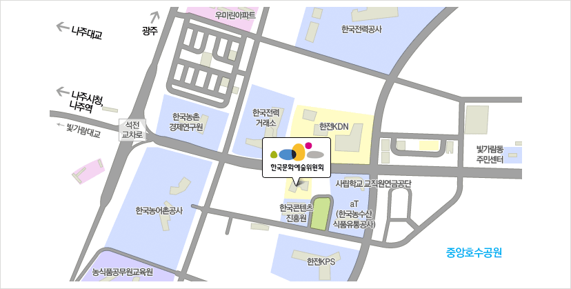 자가용 이용시_호남고속도로 → 장성IC → 49번국도 → 혁신도시 → 한국문화예술위원회, 기차 이용시_나주역(나주교통 700번 셔틀버스) → 혁신도시 → 한국문화예술위원회, 광주송정역(버스 160) → 나주버스터미널(나주교통 700번 버스 환승) → 혁신도시 → 한국문화예술위원회, 광주역(나주교통 100~500번 시외버스) → 혁신도시 → 한국문화예술위원회