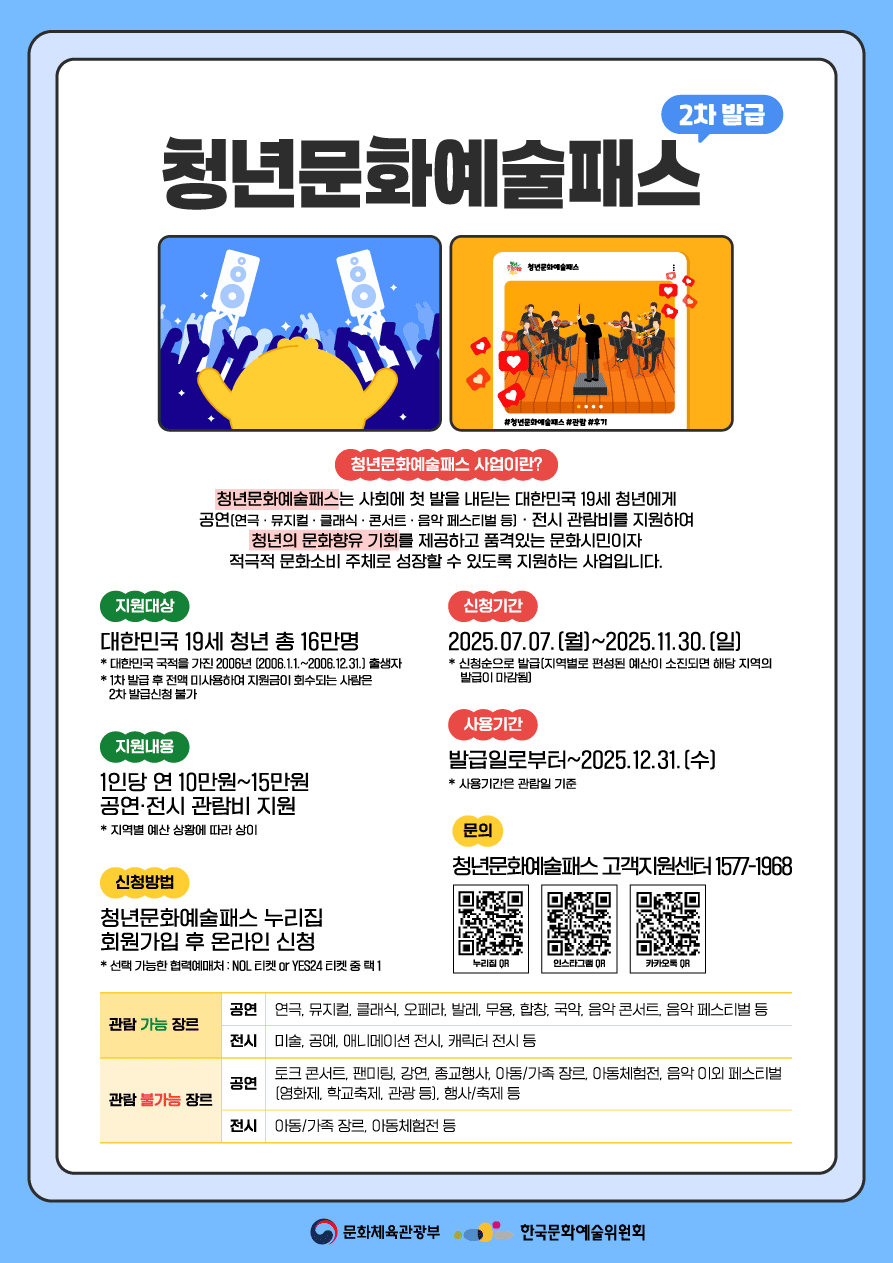 2025년 청년문화예술패스 사업 2차 발급-1(자세한 내용 아래 참조)