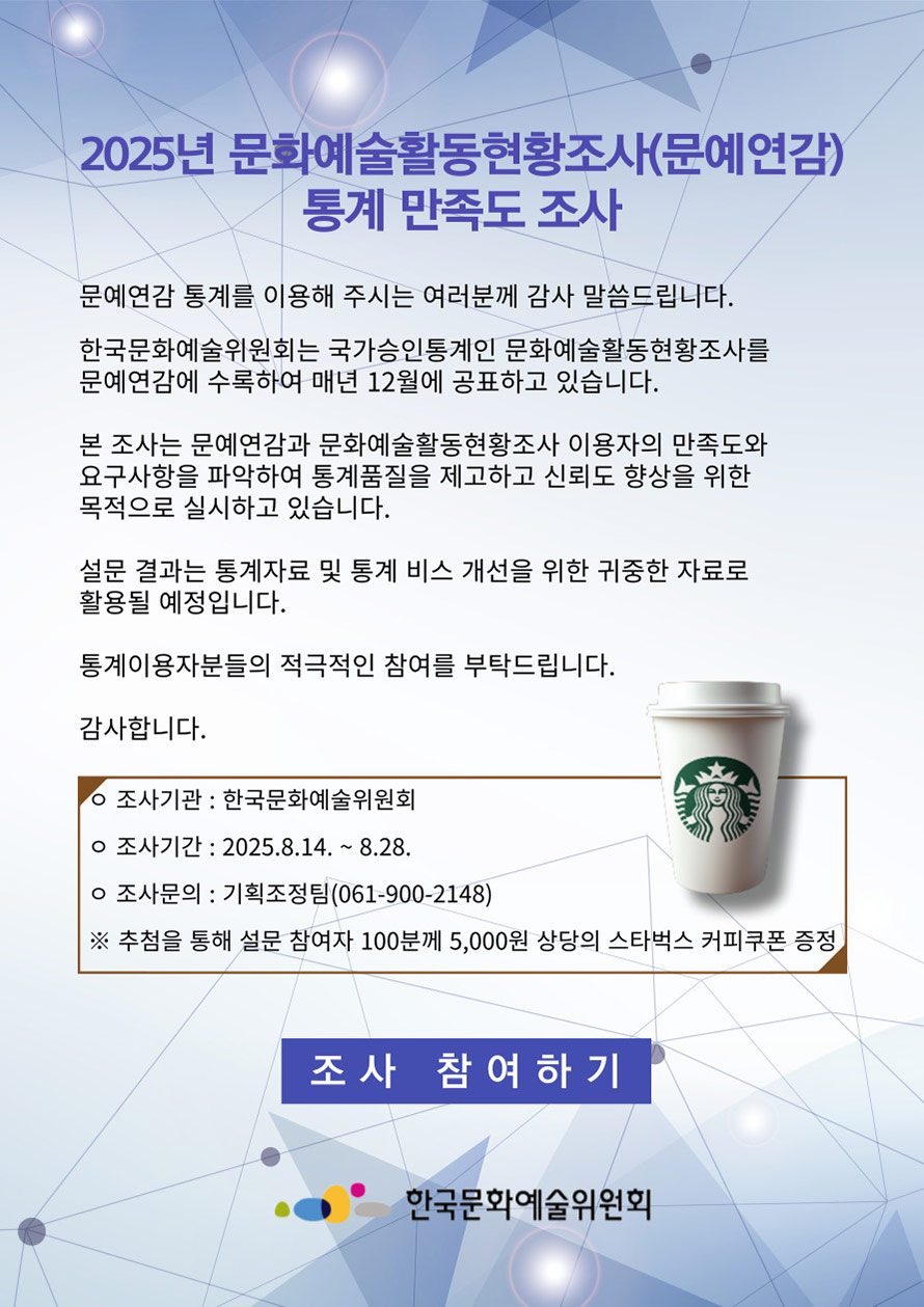 2025년 문화예술활동현황조사(문예연감) 
통계 만족도 조사(자세한 내용 아래 참조)