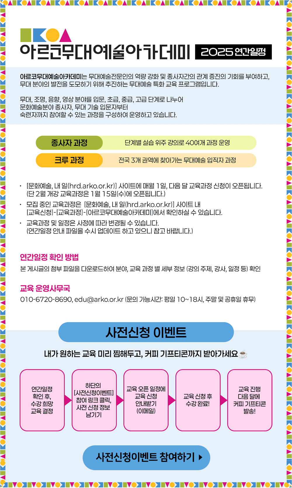 아르코무대예술아카데미 2025 연간일정(자세한 내용 아래 참조)