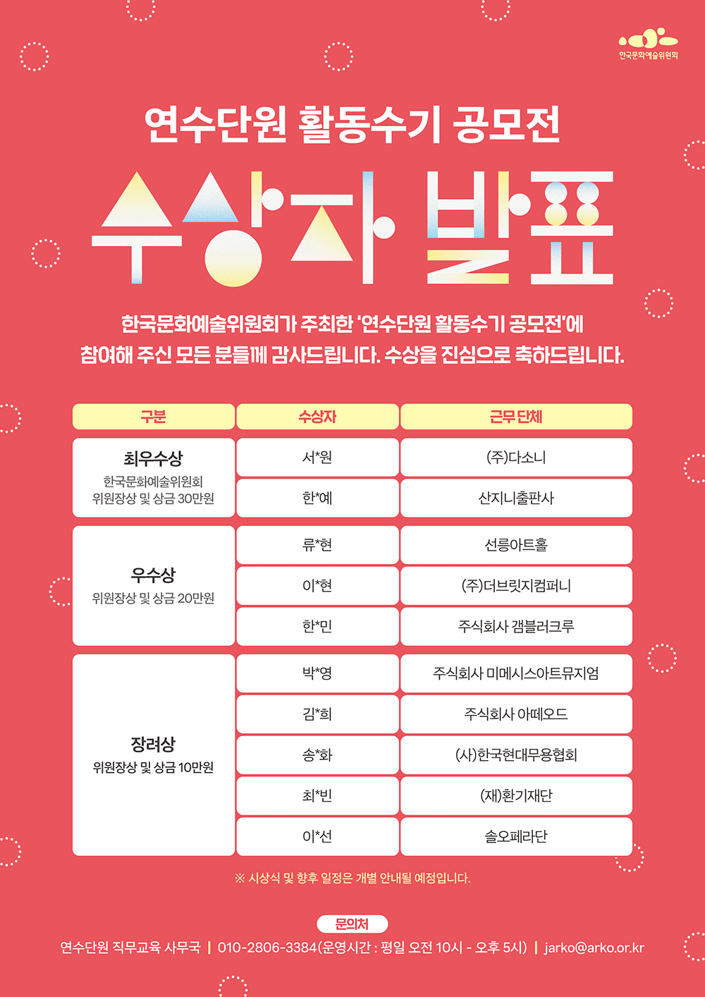 연수단원 활동수기 공모전 수상자 발표(자세한 내용 아래 참조)