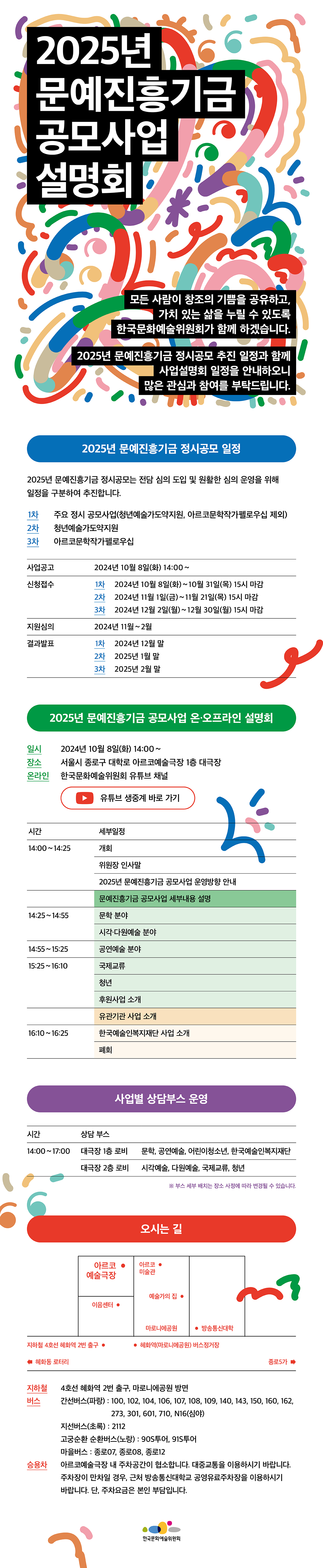 2025년 문예진흥기금 공모사업 설명회 개최 안내(자세한 내용 아래 참조)