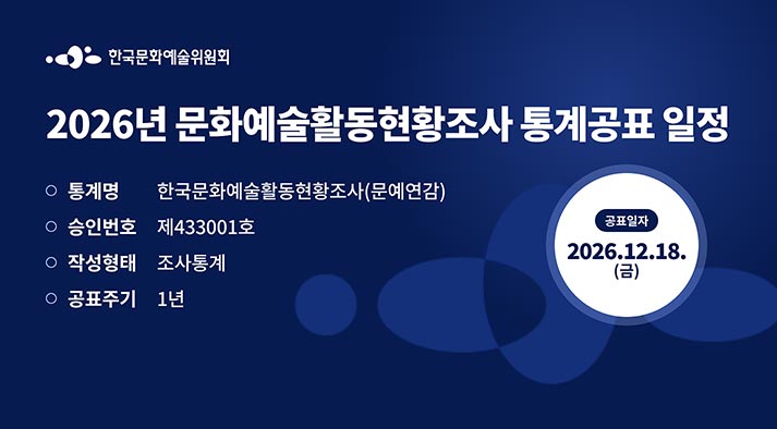 2026년 문화예술활동현황조사(문예연감) 통계공표 일정   통계명 : 문화예술활동현황조사, 승인번호: 제433001호, 작성형태 :조사통계, 공표주기 :1년 공표일자 2026.12.18(금)