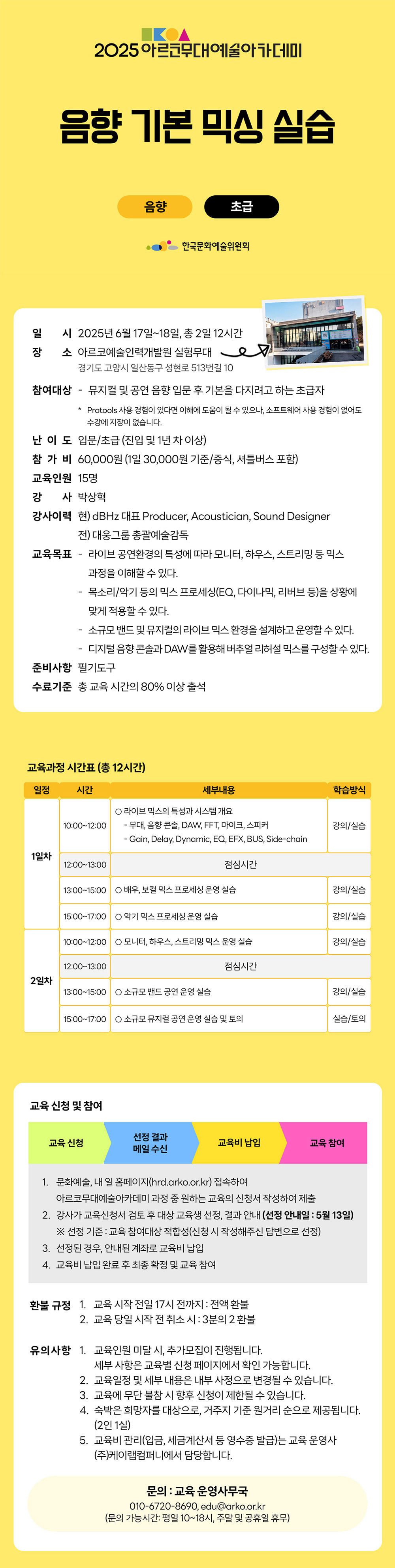 2025 아르코무대예술아카데미 음향 기본 믹싱 실습(음향 초급)(자세한 내용 아래 참조)