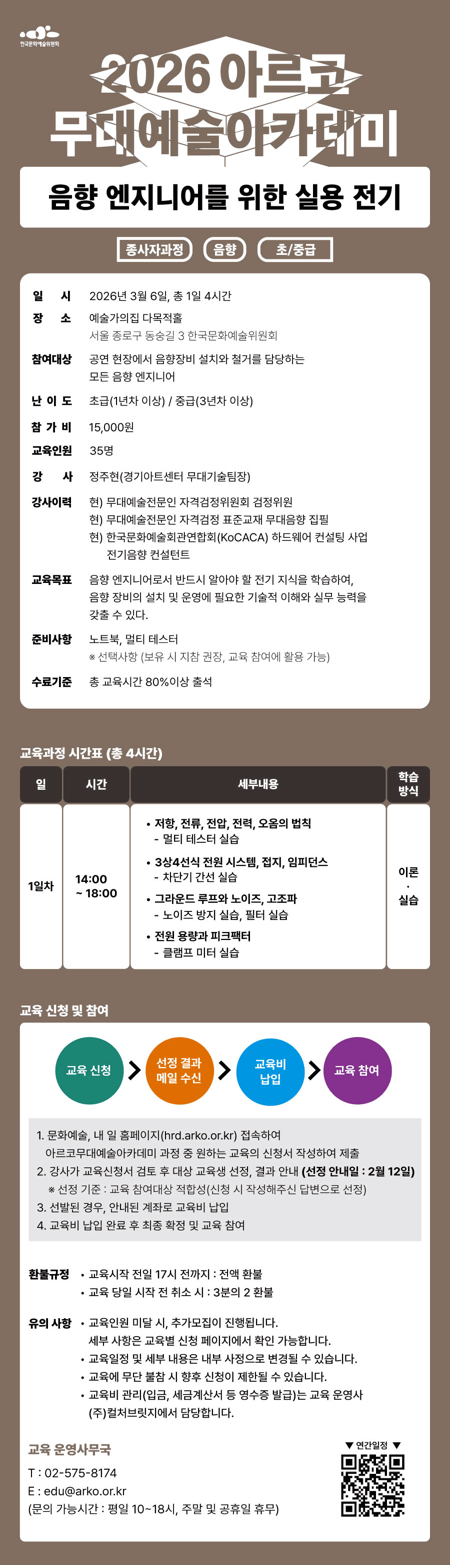 2026 아르코무대예술아카데미 음향 엔지니어를 위한 실용 전기(종사자과정 음향 초/중급)(자세한 내용 아래 참조)