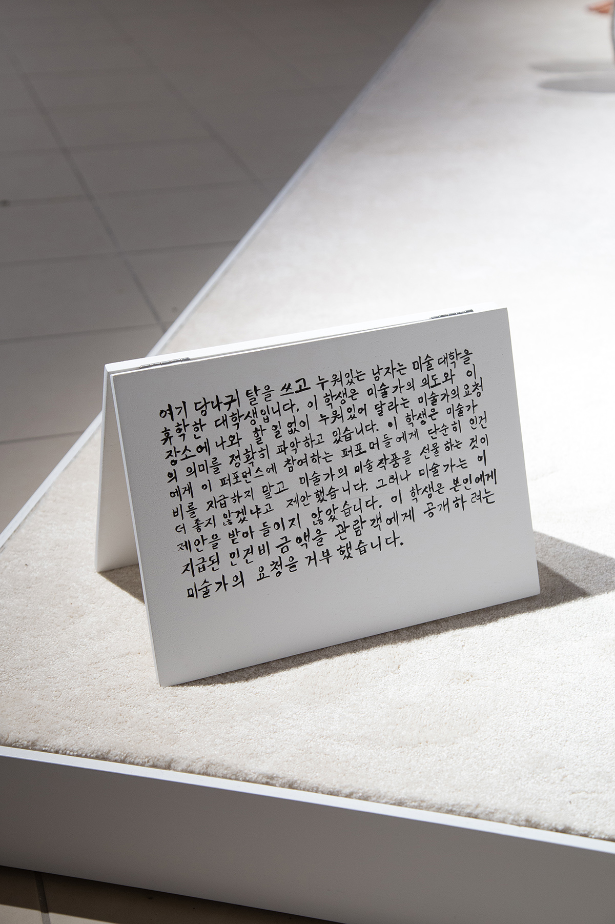 김홍석, 〈침묵의 고독―대학생〉, 2017, 레진, 발포 고무, 의류,
                  직물, 55 × 192 × 65 cm, 텍스트보드: 26 × 16 cm. Bf 제공. 사진:
                  권현정.